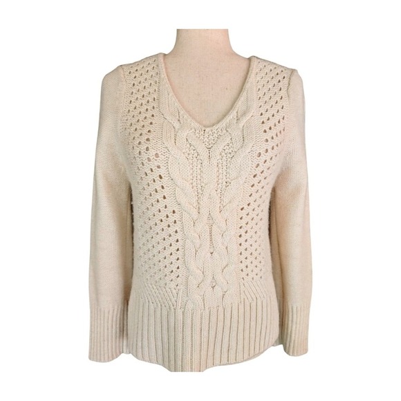 The Kooples Sport‎ Ivory Alpaca Wool Blend Cable Knit V-Neck Sweater Size Small - Picture 3 of 10